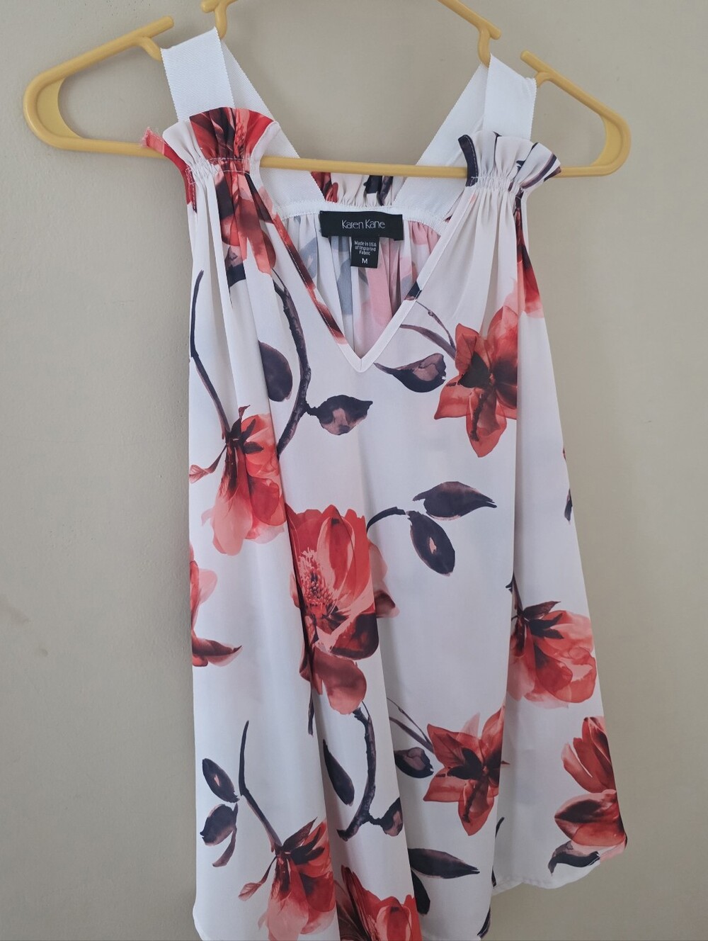 Karen Kane White Floral V-Neck Camisole with Red Bloom Print